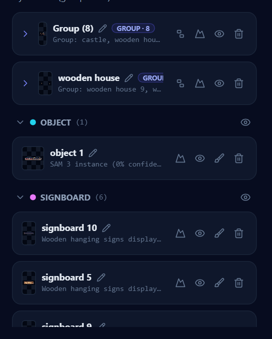 Found Elements: user folders above the tag categories, each row with its thumbnail, badge and action icons.