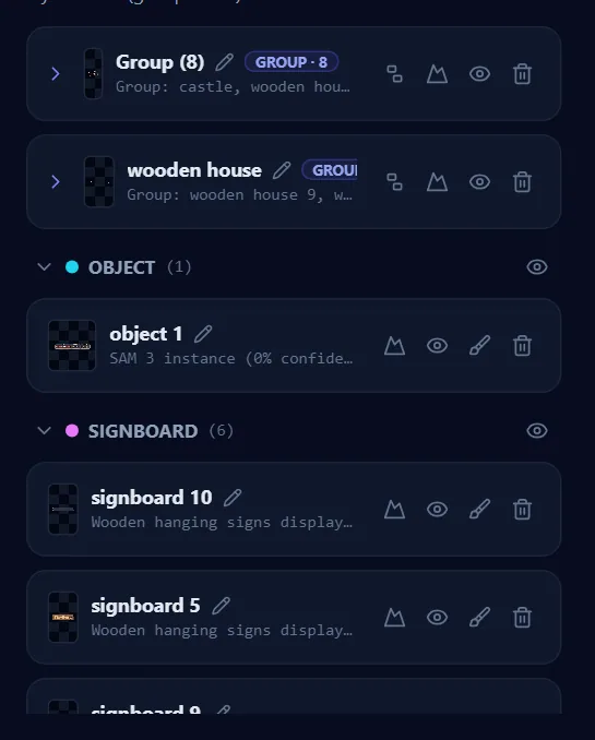 Found Elements: user folders above the tag categories, each row with its thumbnail, badge and action icons.