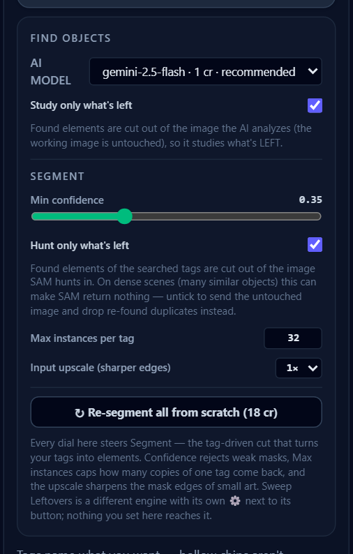 The Find & Segment gear: the AI model picker and Study only what's left for Find Objects, then Segment's confidence, hunt, instance and upscale dials over its re-segment button.