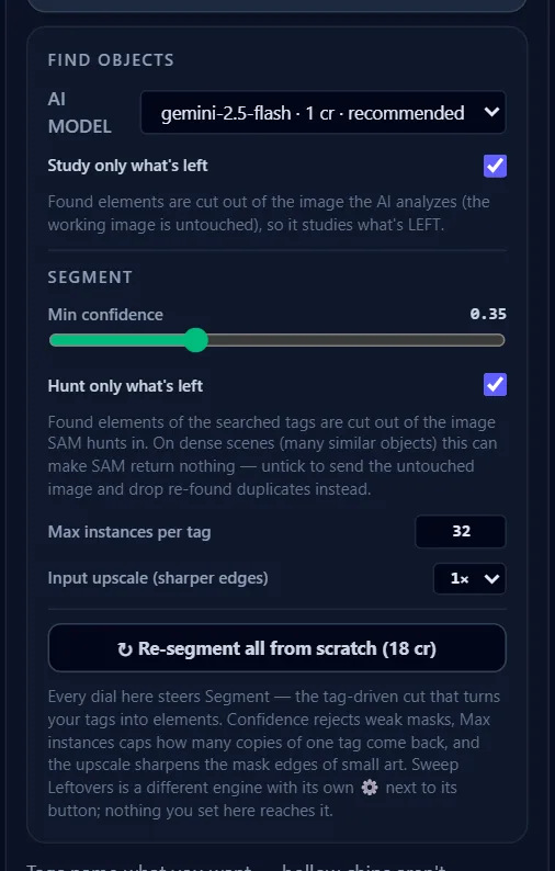 The Find & Segment gear: the AI model picker and Study only what's left for Find Objects, then Segment's confidence, hunt, instance and upscale dials over its re-segment button.
