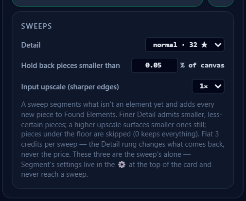 The sweep gear beside its own button: the Detail ladder, the hold-back floor in % of canvas, and the sweep's own input upscale.