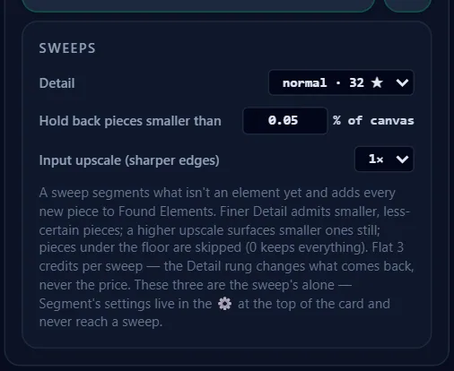 The sweep gear beside its own button: the Detail ladder, the hold-back floor in % of canvas, and the sweep's own input upscale.
