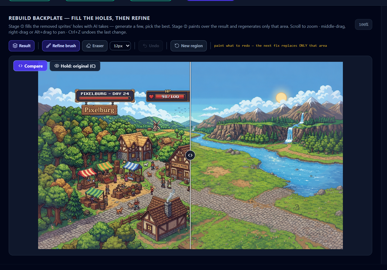 Compare wipes between the original scene and the rebuilt backdrop, so you can check a fill against what was there before.