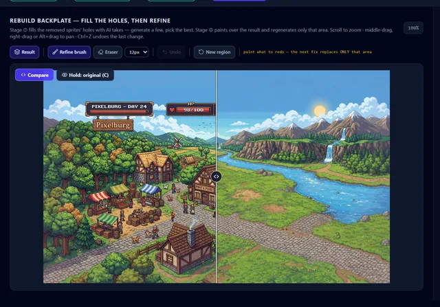 Compare wipes between the original scene and the rebuilt backdrop, so you can check a fill against what was there before.