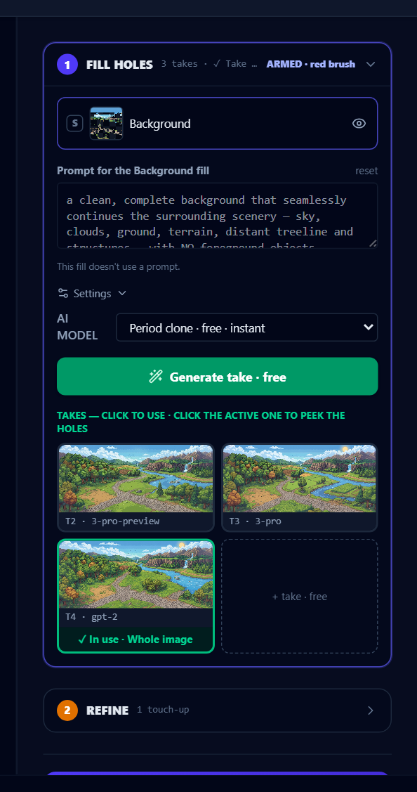 The Settings fold open with a fill method selected: the AI model menu, the grayed-out prompt box, and Generate take repriced to free.