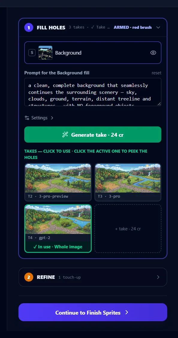 The takes grid with a take installed: the thumbnails, the engine tag on each tile, and the green take-in-use footer.