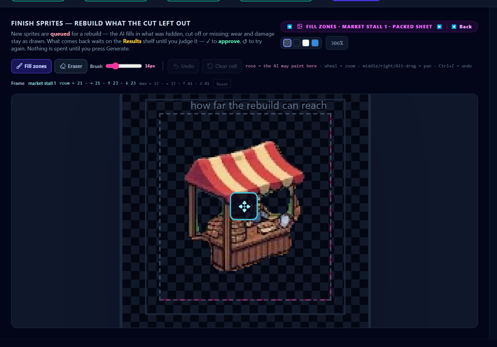 Paint where the AI may draw, then drag the sprite inside its cell — the gaps it leaves are the room the rebuild gets.