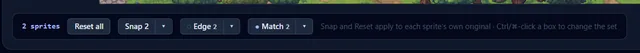 The multi-selection bar: Reset all, Snap for the whole set, and the bulk Edge and Match chips.