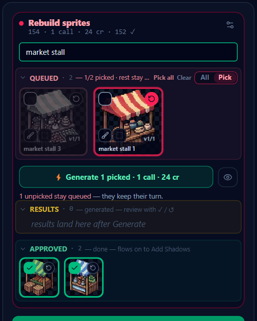 Pick mode: the queue dims, the picked sprite stays lit, and both the header and the button count the picked run.