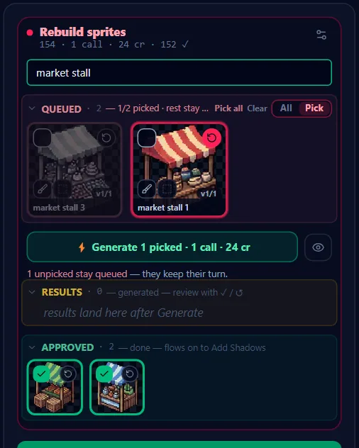 Pick mode: the queue dims, the picked sprite stays lit, and both the header and the button count the picked run.