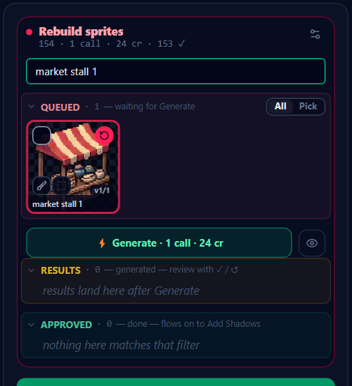 The section with one sprite queued: the Queued shelf and its All | Pick runner, the priced Generate, then Results and Approved.