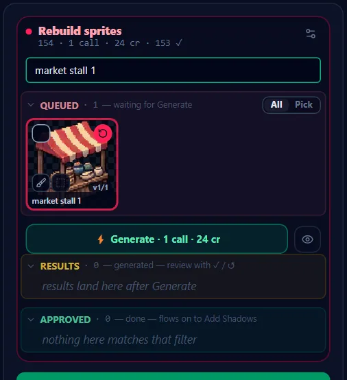 The section with one sprite queued: the Queued shelf and its All | Pick runner, the priced Generate, then Results and Approved.