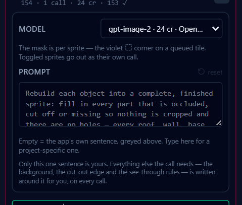 The section settings: the model with its price, the one editable sentence, and the line that says what is written around it.