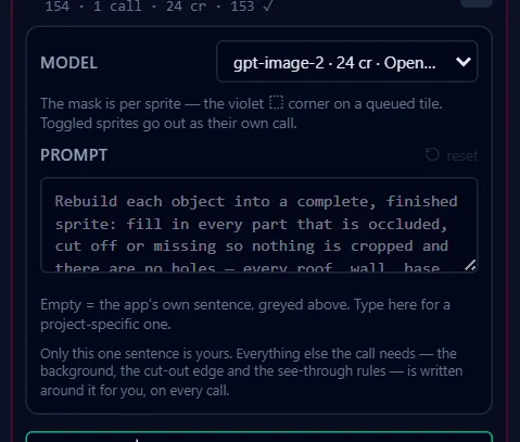 The section settings: the model with its price, the one editable sentence, and the line that says what is written around it.