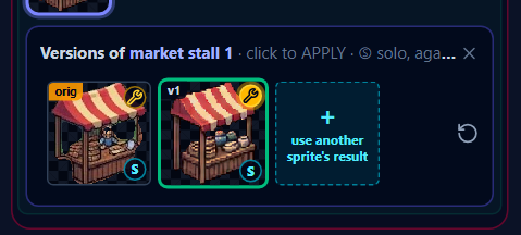 A sprite's version row: click a thumbnail to apply it, Ⓢ for the big view, the wrench for repairs.