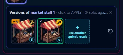 A sprite's version row: click a thumbnail to apply it, Ⓢ for the big view, the wrench for repairs.