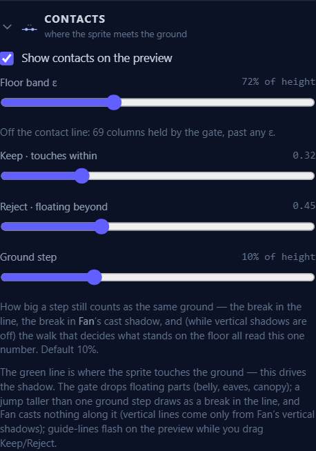 The Contacts section: the floor band, the two gate sliders, the ground step, and the readout that names which knob is holding a column out.