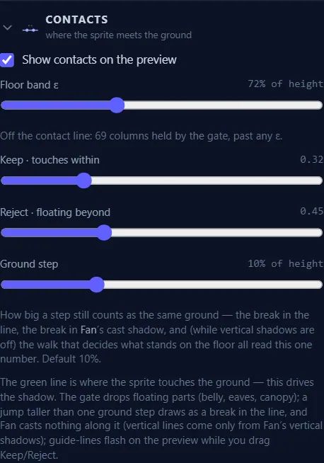 The Contacts section: the floor band, the two gate sliders, the ground step, and the readout that names which knob is holding a column out.