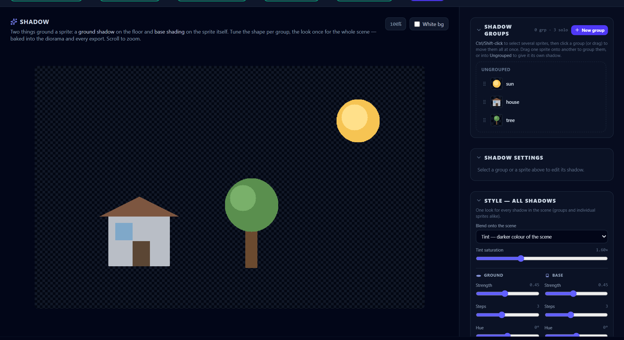 Ground shadow shapes: pick Blob, Per-foot or Fan, then tune size, light angle and offset per target.