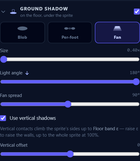 Ground shadow on Fan: the shape picker, size, light angle, fan spread, vertical shadows and offset.
