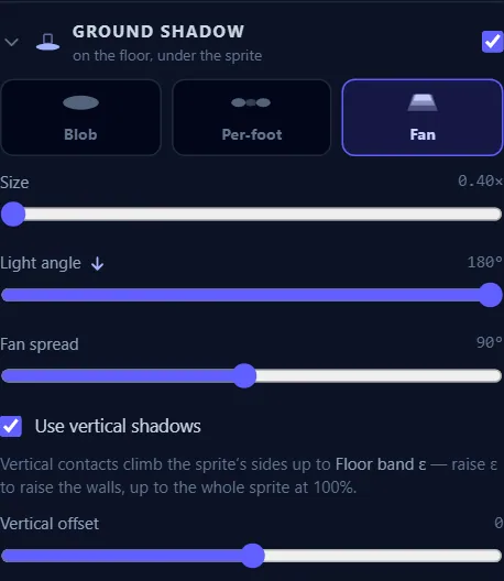 Ground shadow on Fan: the shape picker, size, light angle, fan spread, vertical shadows and offset.