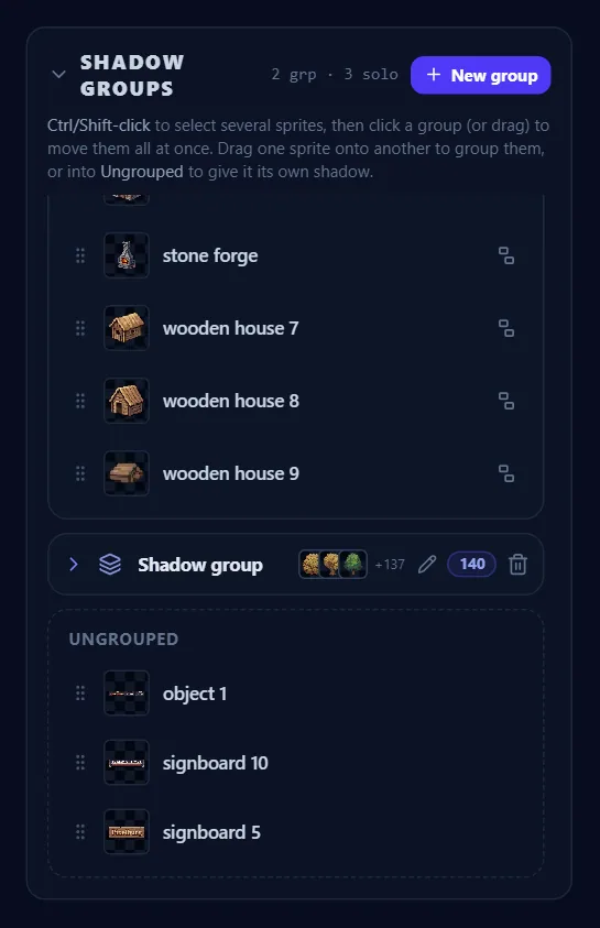 Shadow groups are a drag-and-drop tree; every member of a group shares one shadow shape.
