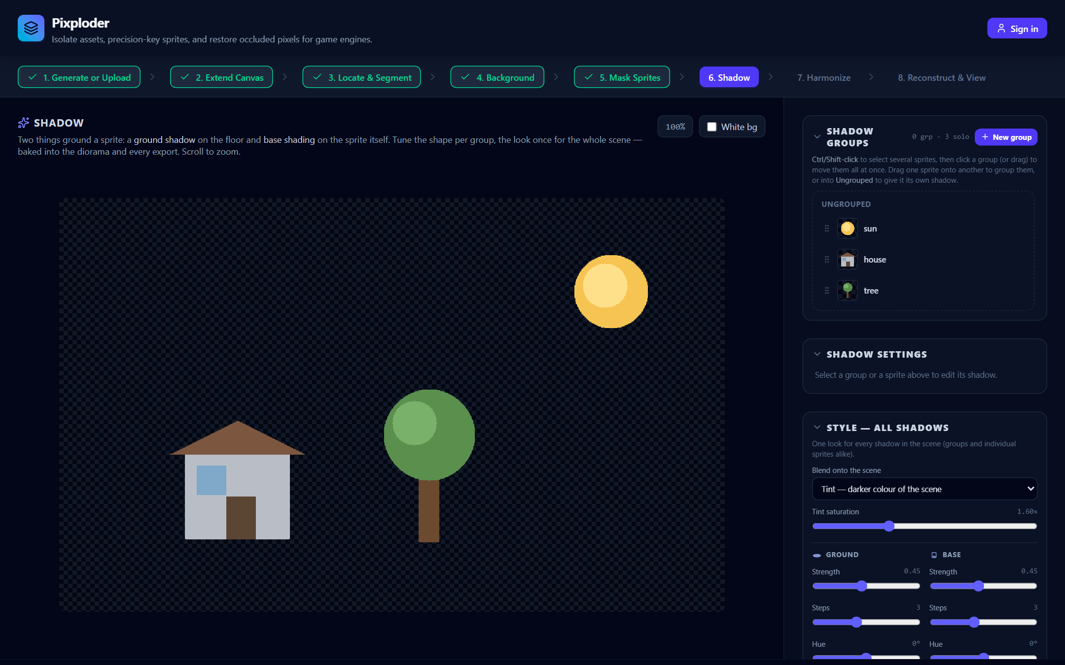 The Shadow step: a live whole-scene preview on the left, group tree and shadow controls on the right.