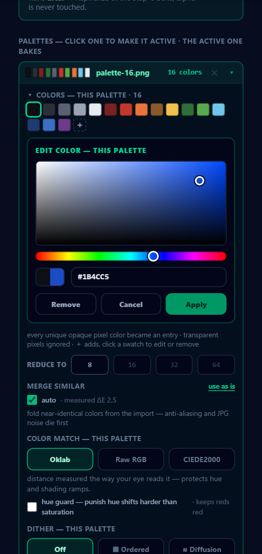 Clicking a swatch opens the picker on that entry, with the current color on the left of the split preview and your pick on the right.