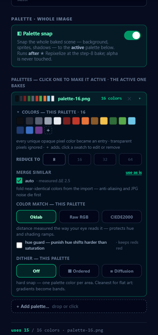 The palette rack: an imported palette with its editable color list, its match and dither settings, and the uses N / M readout.
