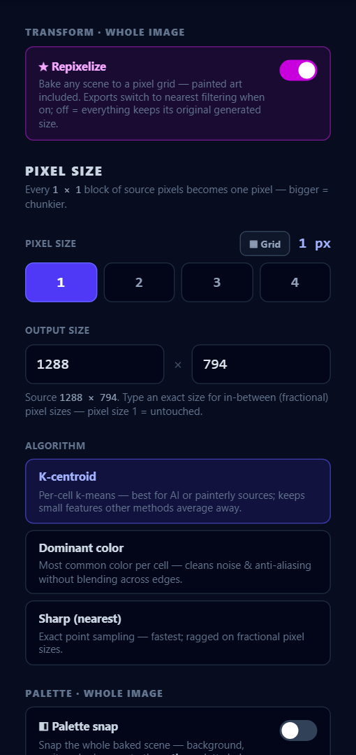The transform rack: the master switch, the pixel-size presets, the aspect-locked output fields and the three algorithms.