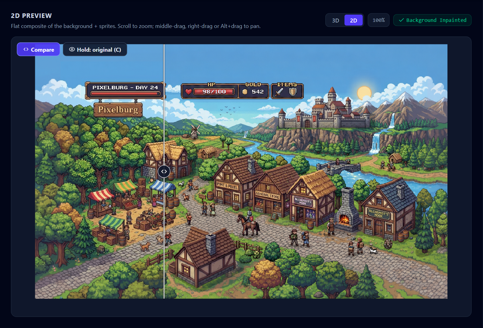 The 2D composite with Compare armed: the original is clipped to the left of the divider, the reconstructed scene to the right.