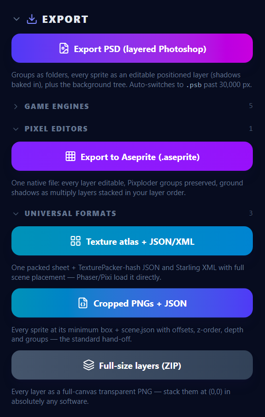 Folding Game engines keeps its count badge and brings Pixel editors and Universal formats fully into view.