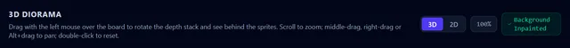 The preview toolbar: the 3D/2D toggle, the zoom read-out and the Background Inpainted badge.