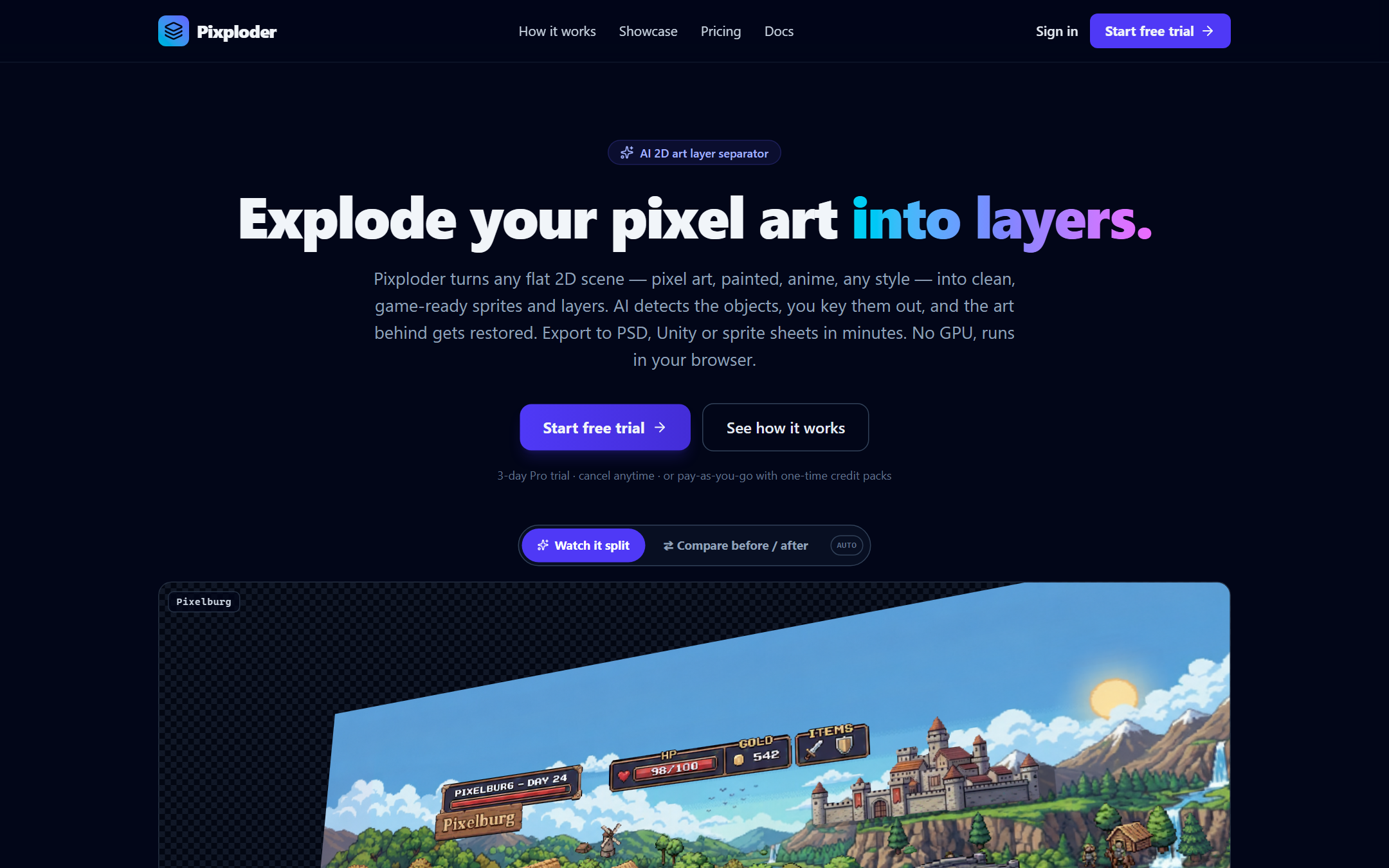 The landing page states the whole product in one line: turn any flat 2D scene into clean, game-ready sprites and layers.