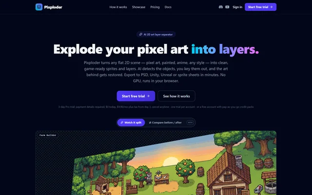 The landing page states the whole product in one line: turn any flat 2D scene into clean, game-ready sprites and layers.